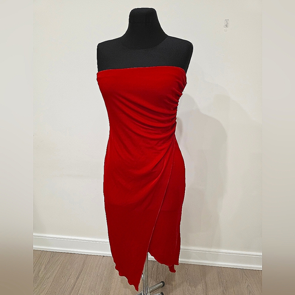 Vintage Jane Norman Red Nylon Asymmetrical Ruched Strapless Bustier Midi Dress S